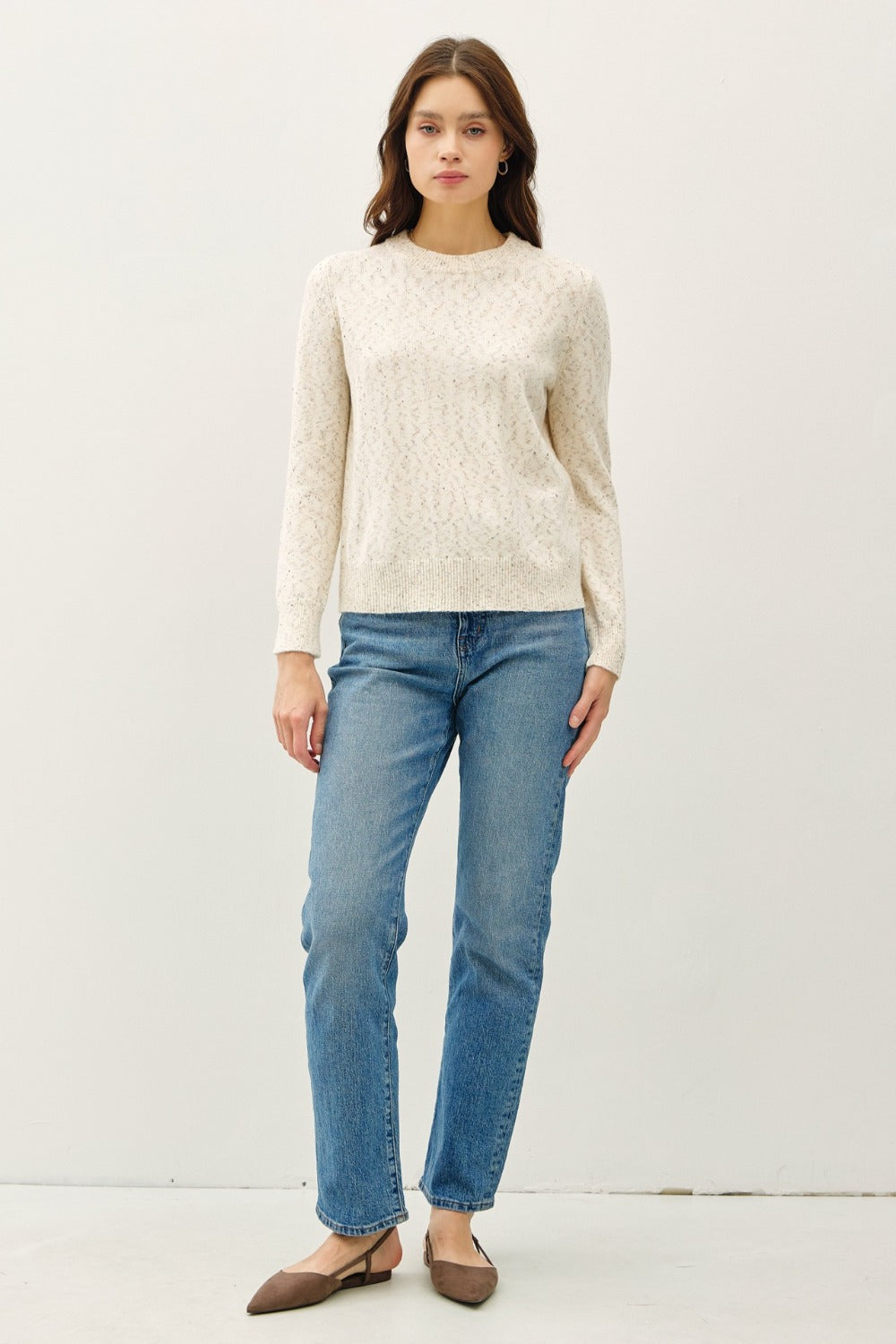 Heathered Round Neck Long Sleeve Sweater Be Cool   