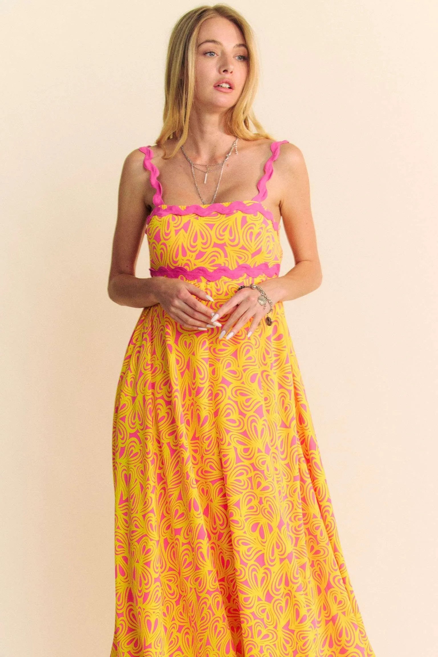 Geo 2 Tone Printed Wavi Trim Tiered Maxi Dress Davi & Dani