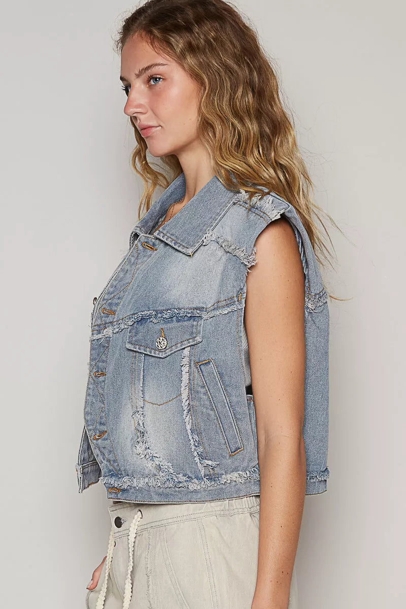 Assymetrical Front Closure Raw Hem Denim Vest POL