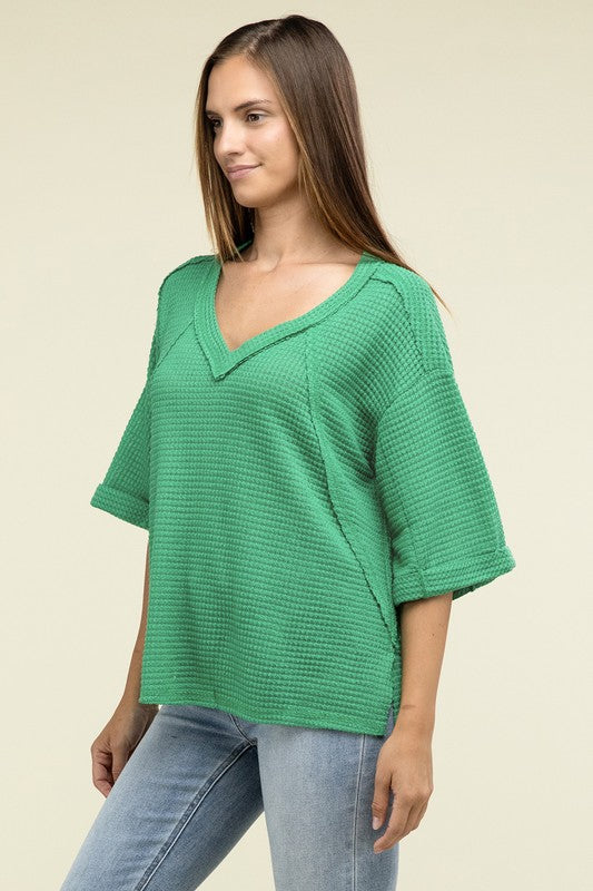 Brushed Waffle Relaxed 3/4 Sleeve Top ZENANA   