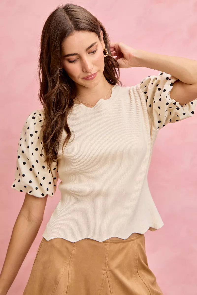 SO ME Polka Dot Contrast Woven Ballon Sleeve Blouse Trendsi