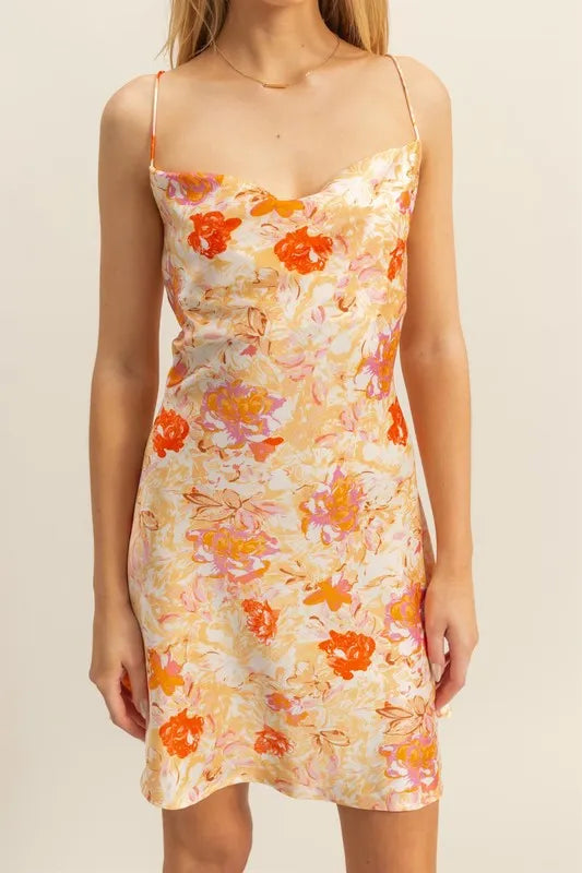 Floral Cowl Neck Flirty Satin Mini Dress HYFVE