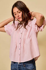 Gingham Lace Trim Button Bubble Sleeves Blouse So Me