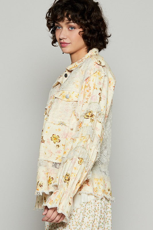 Raw Hem Lace Patch Flounce Sleeve Jacket POL