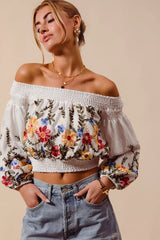 Floral Embroidered Off The Shoulder Crop Top So Me