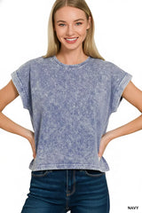 Halo Washed Cotton Cuffed Short Sleeve Top ZENANA