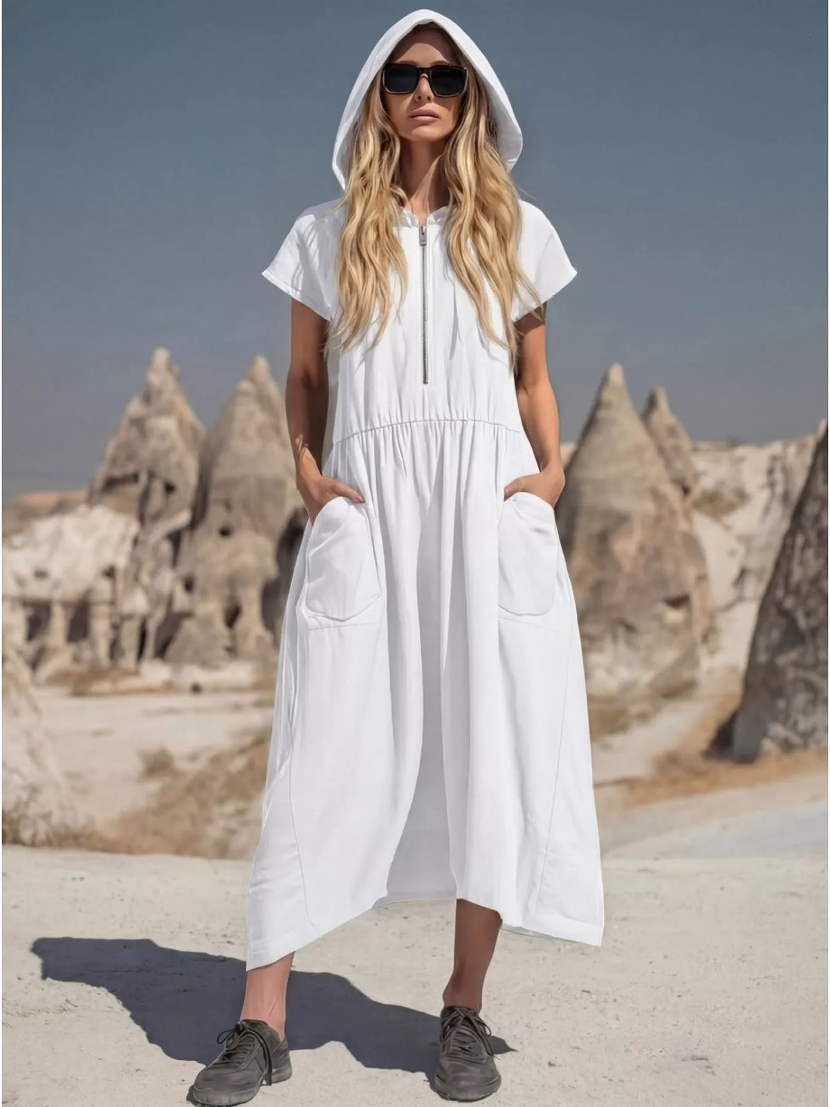 Hooded Midi Dress with Half‑Zip & Pockets – Relaxed Fit (Regular + Plus) Simmer & Fay White S
