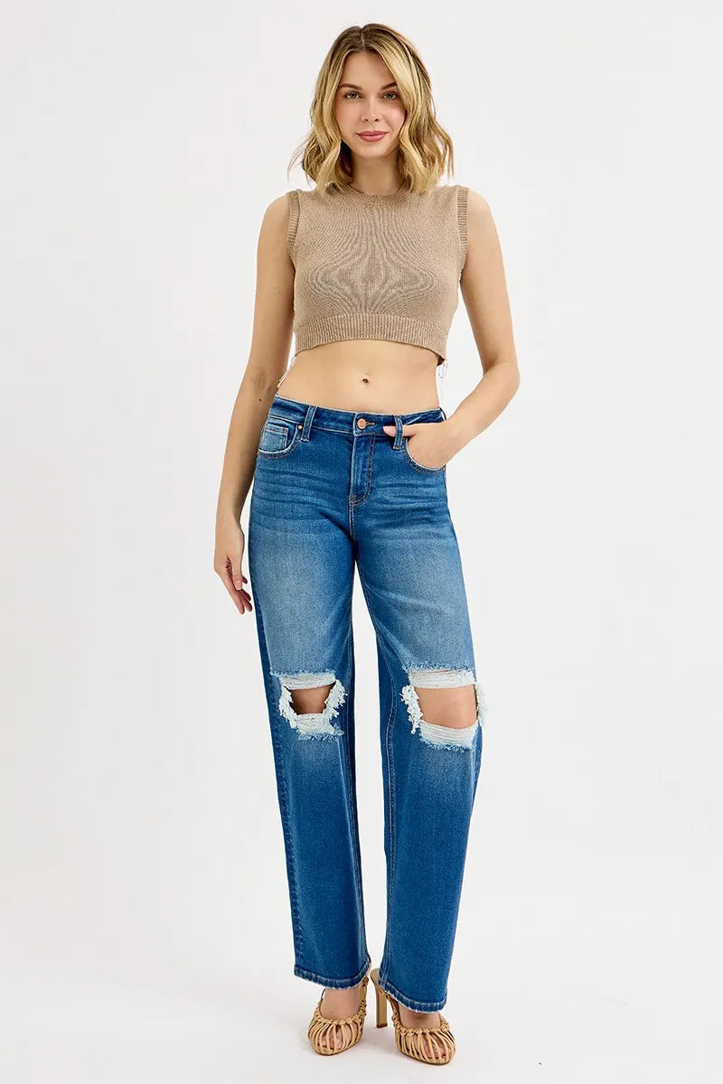 Mid Waist Fit Boyfriend Knee Distressed Jeans With Plus Size Risen