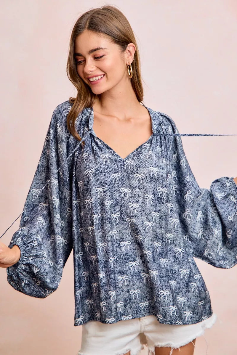 Ribbon Bow Print Exaggerated Balloon Sleeves Top BiBi