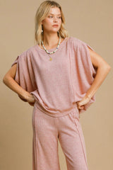 Exposed Seam Round Neck Batwing Sleeve Knit Top Umgee Dusty Pink S