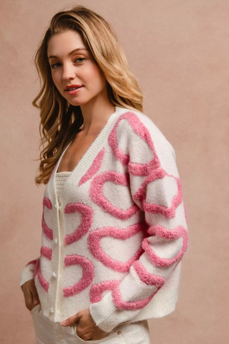 Textured Heart Buttoned V Neck Cardigan BiBi