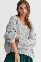 Relaxed Cable Knit V-Neck Sweater HYFVE Gray S 