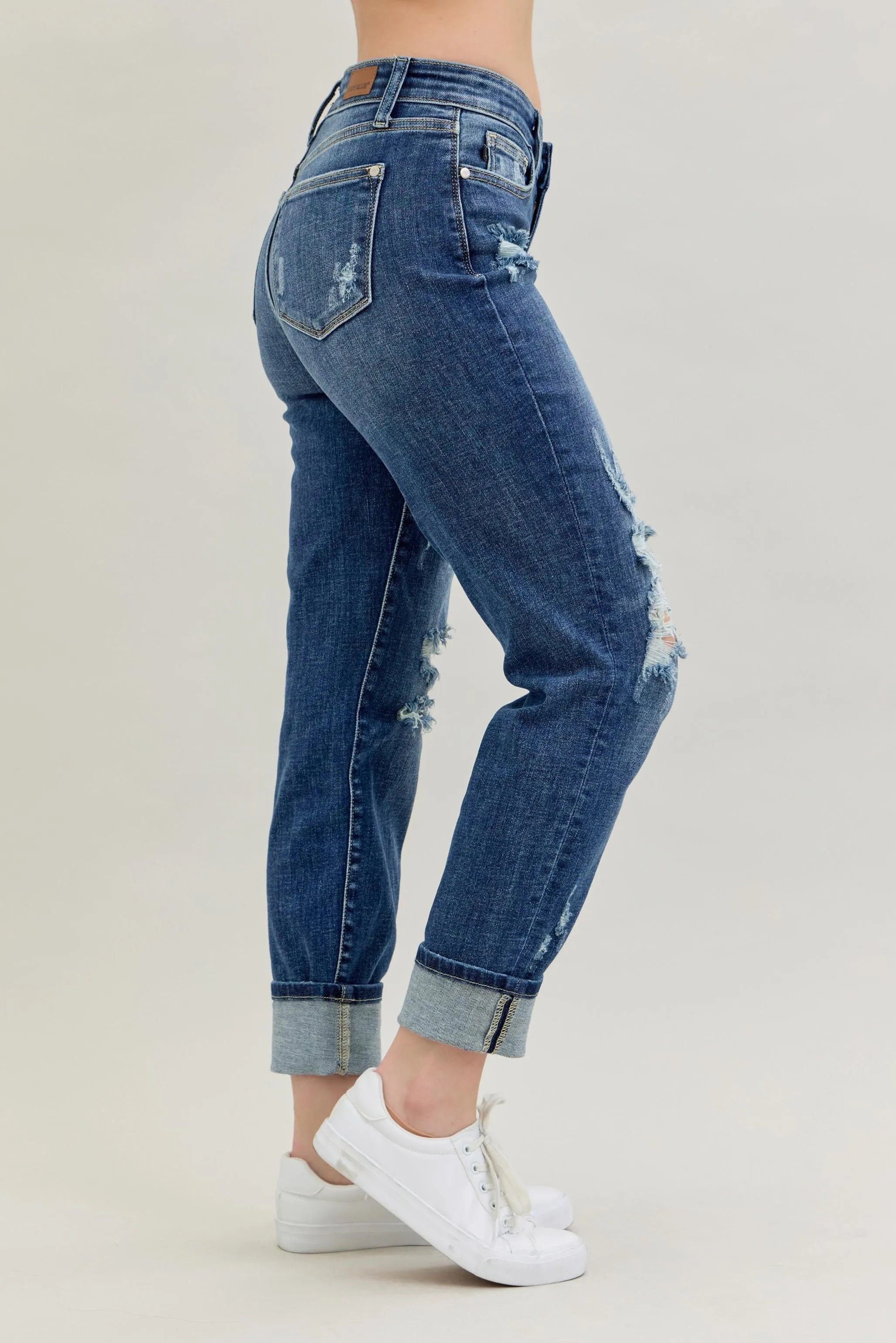 Mid Rise Cuffed Destroy Bf Jeans With Plus Size Judy Blue