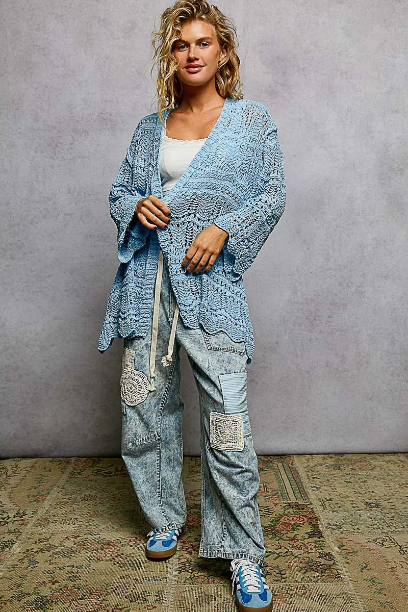 Openwork Lightweight Open Front Cardigan with Scalloped Edge POL