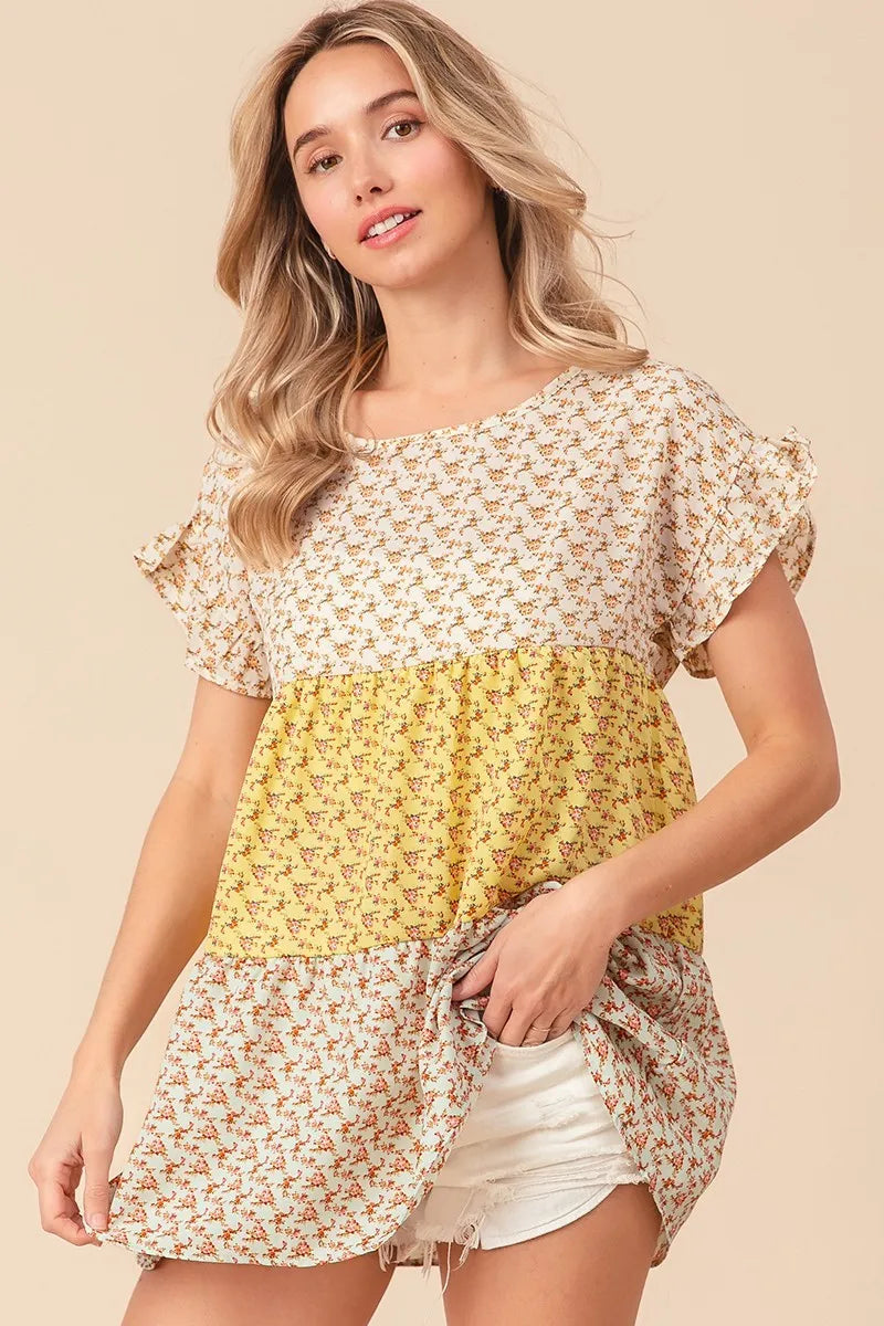 Floral Printed Woven Color Block and Tiered Top BiBi