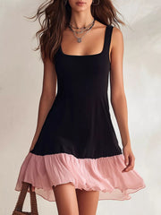 Simmer & Fay ruffle hem square neck mini dress for women in black with contrast ruffle trim