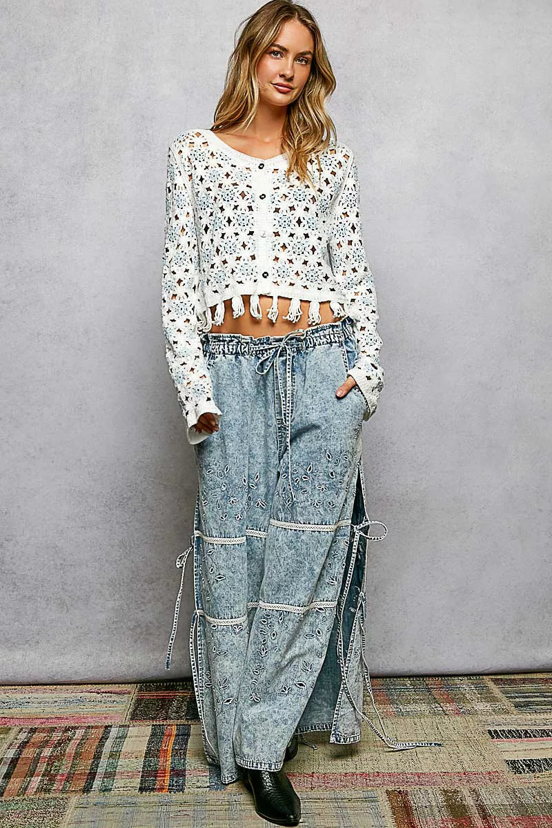 Openwork Floral Crochet Cardigan with Tassel Hem POL