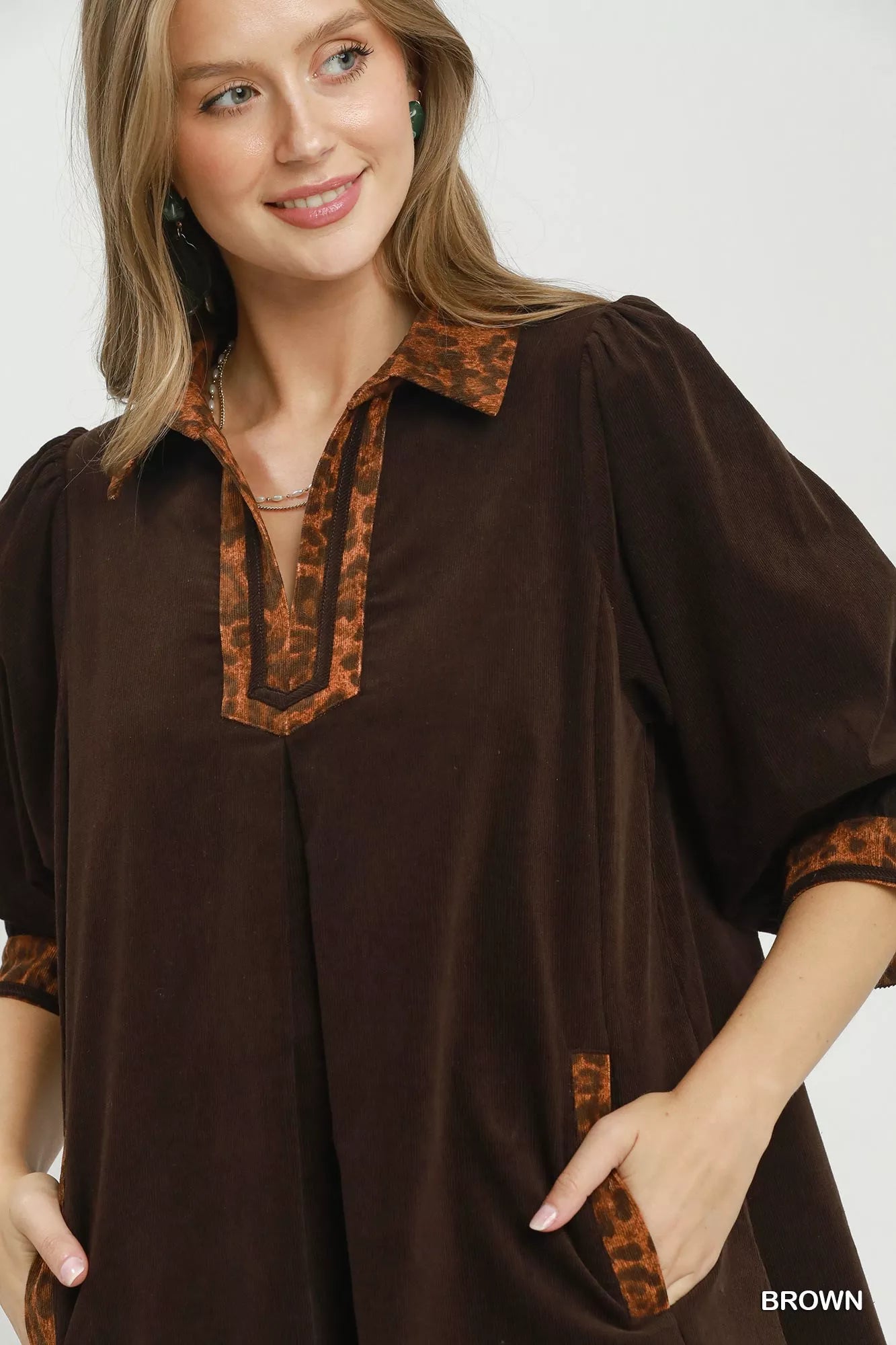 V-Neck Shift Dress with Contrast Trim + Pockets Umgee