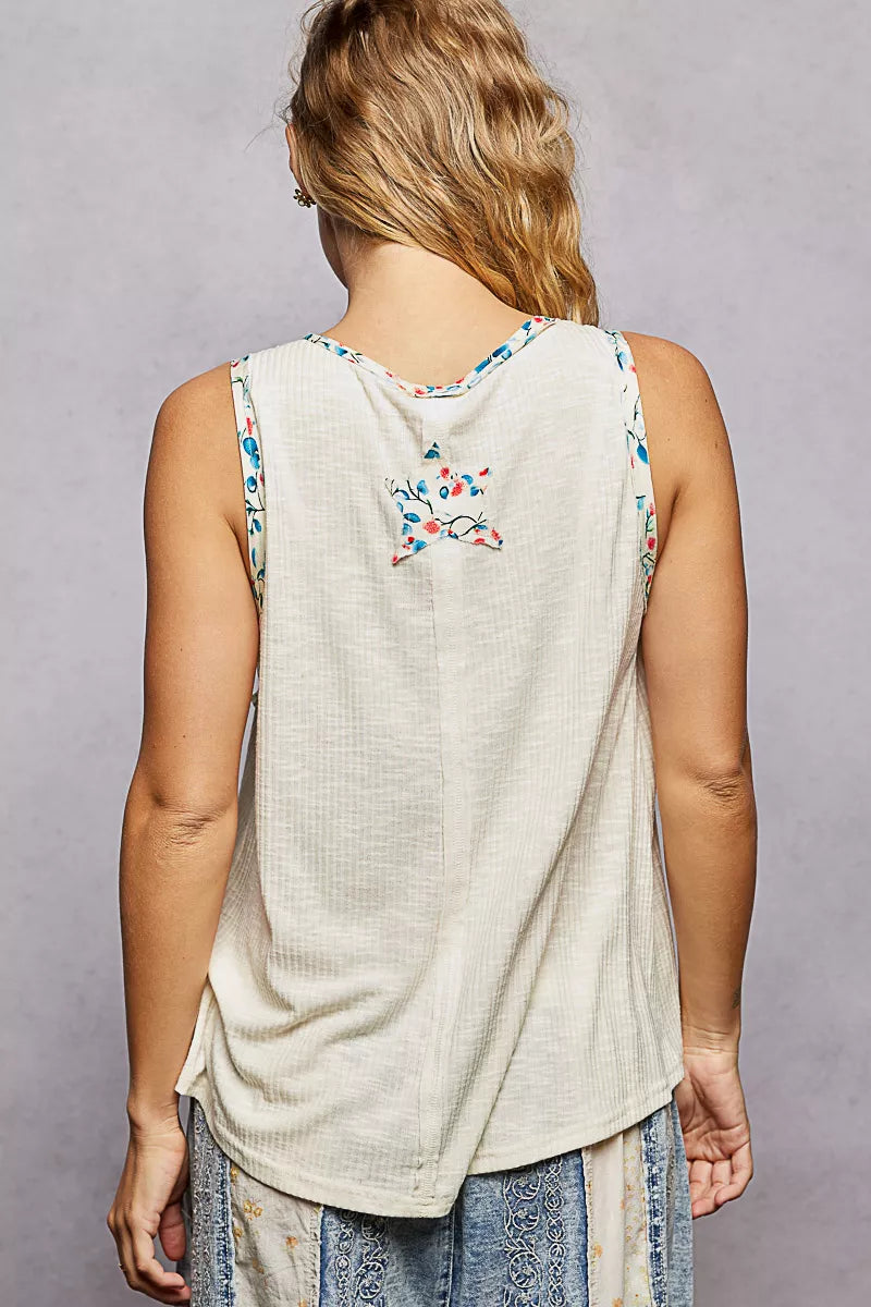 Floral Print Star Patch V-Neck Ribbed Tank POL