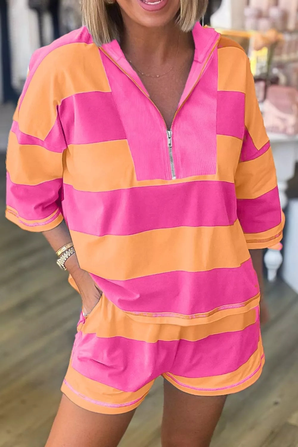 Stripe Long Sleeve Casual Top Drawstring Shorts Set Simmer & Fay Hot Pink S