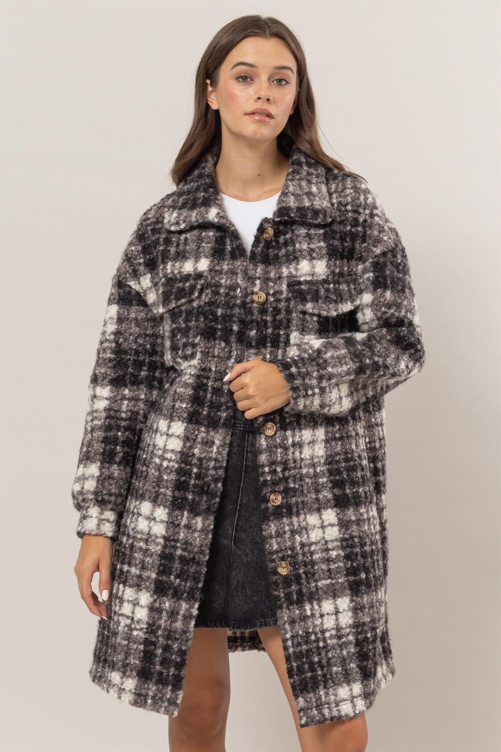 Plaid Button Down Longline Shacket HYFVE Black S 