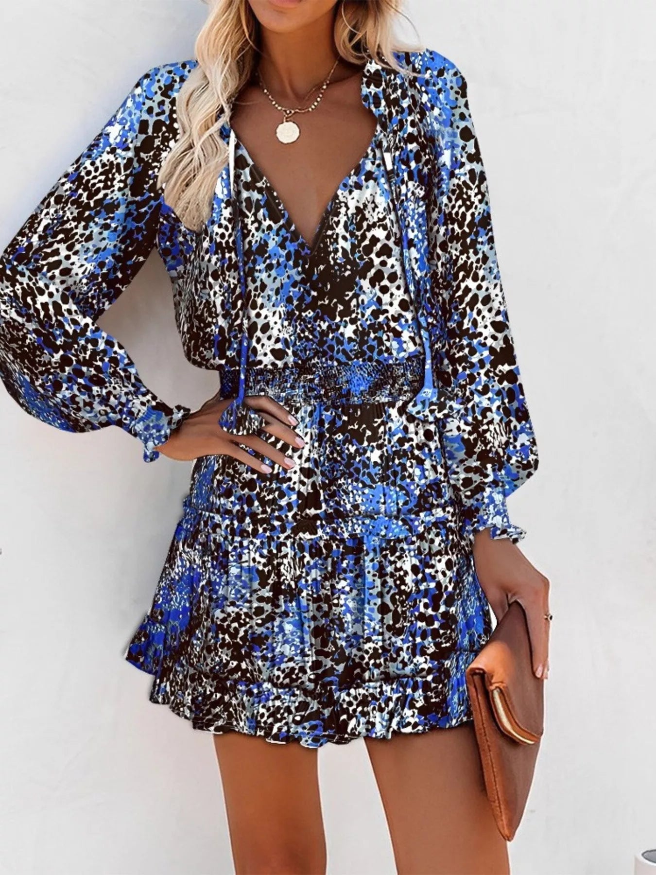 Tie Neck Lantern Sleeve Dress Simmer & Fay Blue Leopard S
