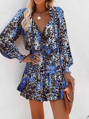 Tie Neck Lantern Sleeve Dress Simmer & Fay Blue Leopard S