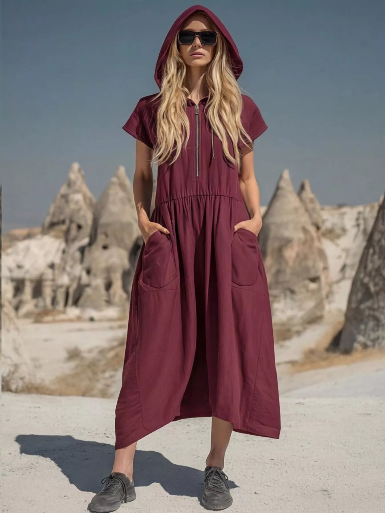 Hooded Midi Dress with Half‑Zip & Pockets – Relaxed Fit (Regular + Plus) Simmer & Fay Burgundy S