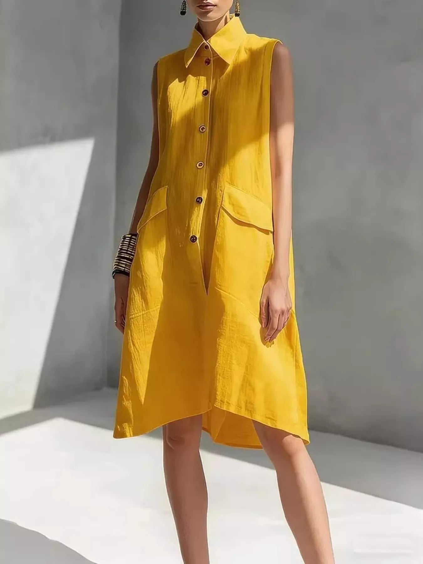 Full Size Button Front Sleeveless Dress Plus Size Simmer & Fay Yellow S