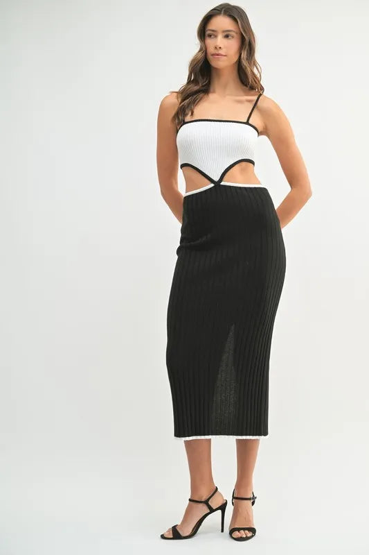 Ribbed Knit Color Block Cutout Midi Dress Mable Black S