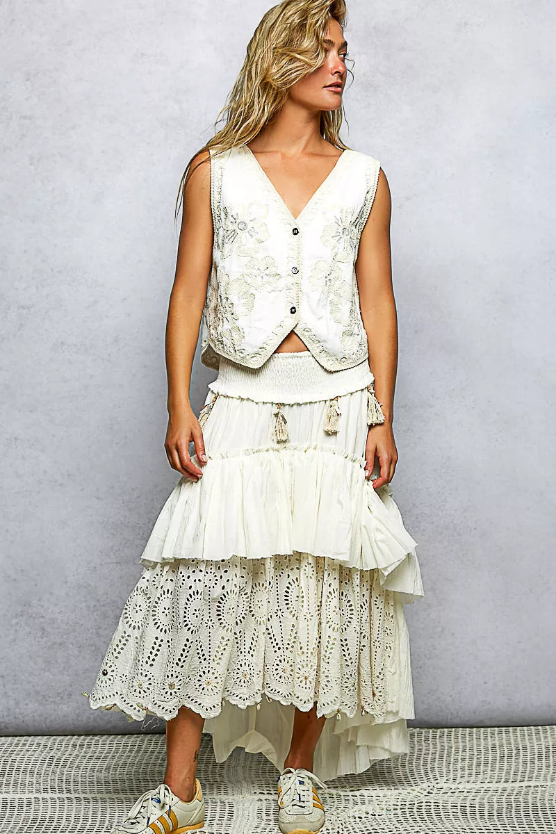 Embroidered Floral V-Neck Button Down Crochet Vest POL