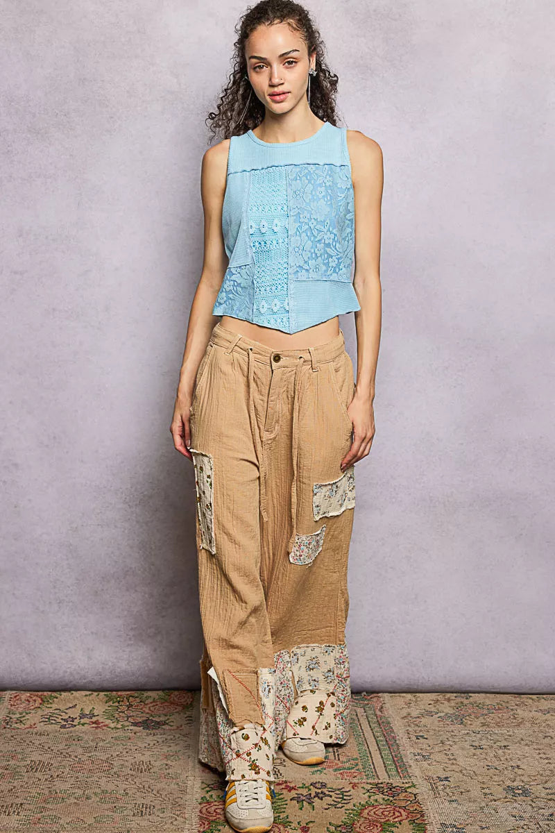 Ribbed Round Neck Cropped Tank with Lace Detail POL