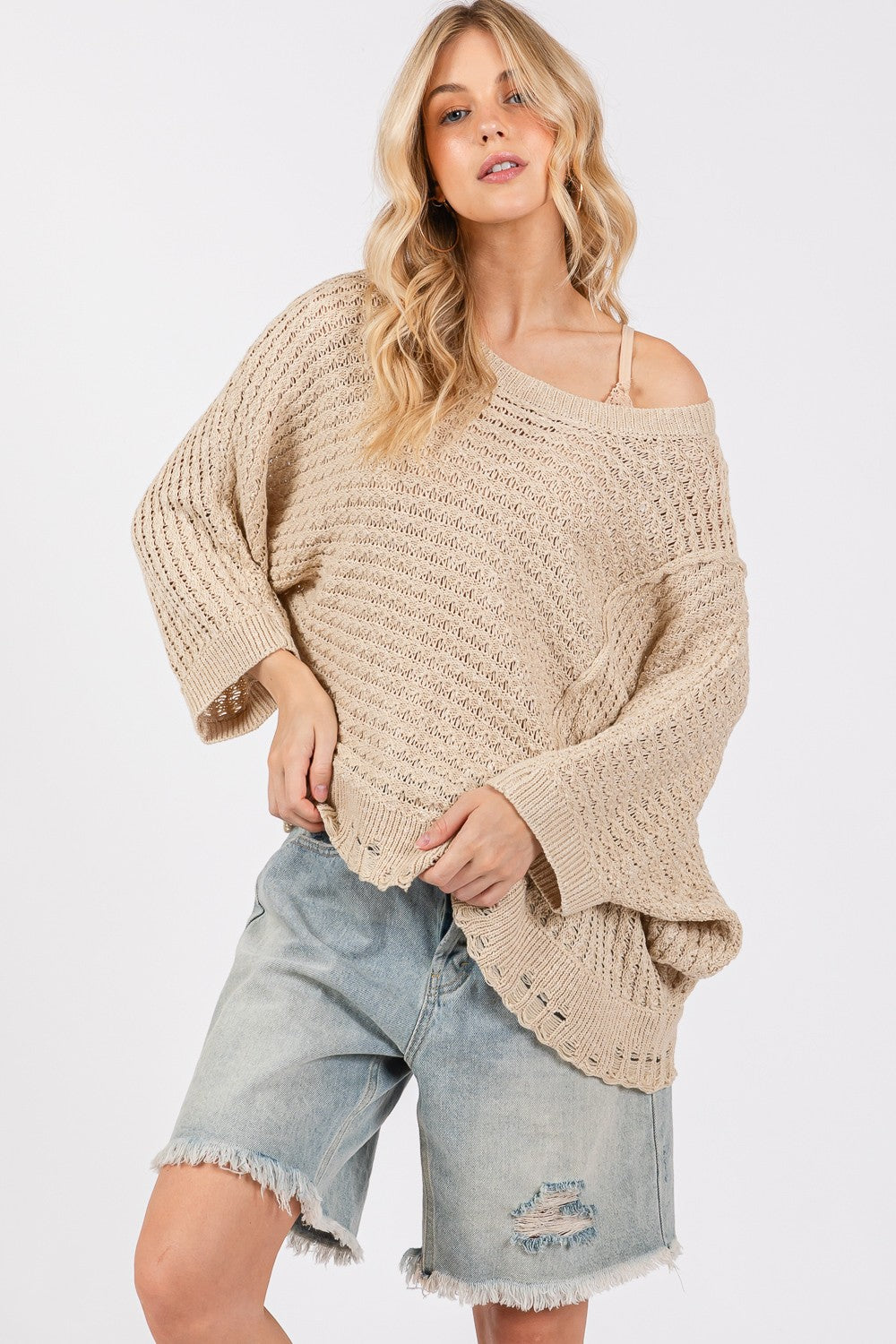 Distressed Asymmetrical Open Stitch Sweater Sage + Fig   