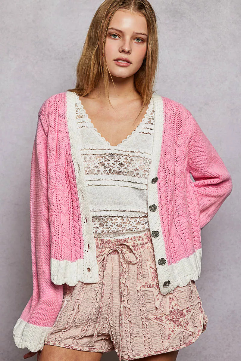 Button Down Cable-Knit Cardigan with Contrast Border Accents POL BARBIE PINK S