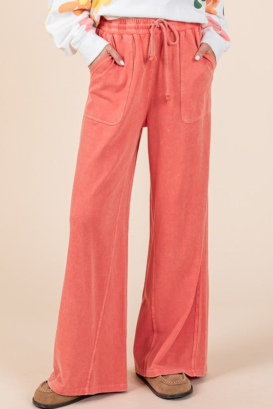 Mineral Wash French Terry Drawstring Wide Leg Pants Mittoshop Orange-Red S