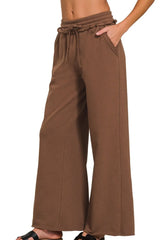 Fleece Exposed Seam Wide Leg Sweatpants ZENANA BROWN S