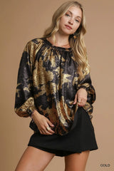 Metallic Fabric Blouse with Balloon Sleeves Umgee GOLD S
