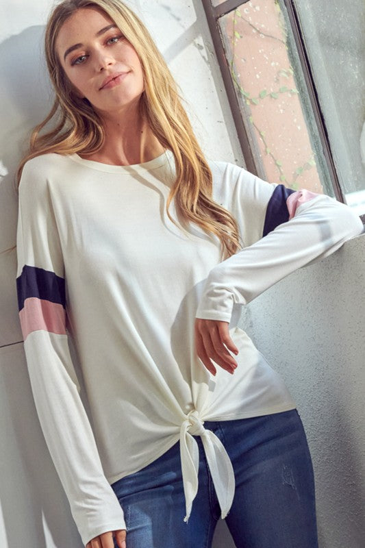 Tie Front Solid Colorblock Long Sleeve Top e Luna   