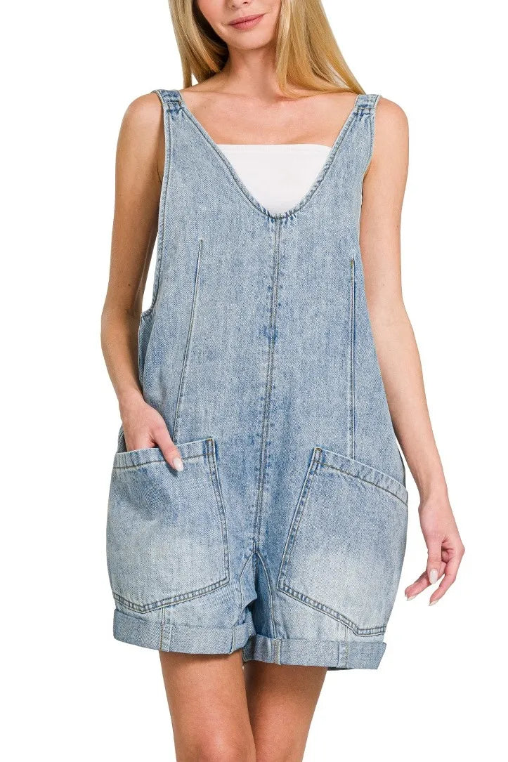 Denim Short Overalls with Pockets ZENANA