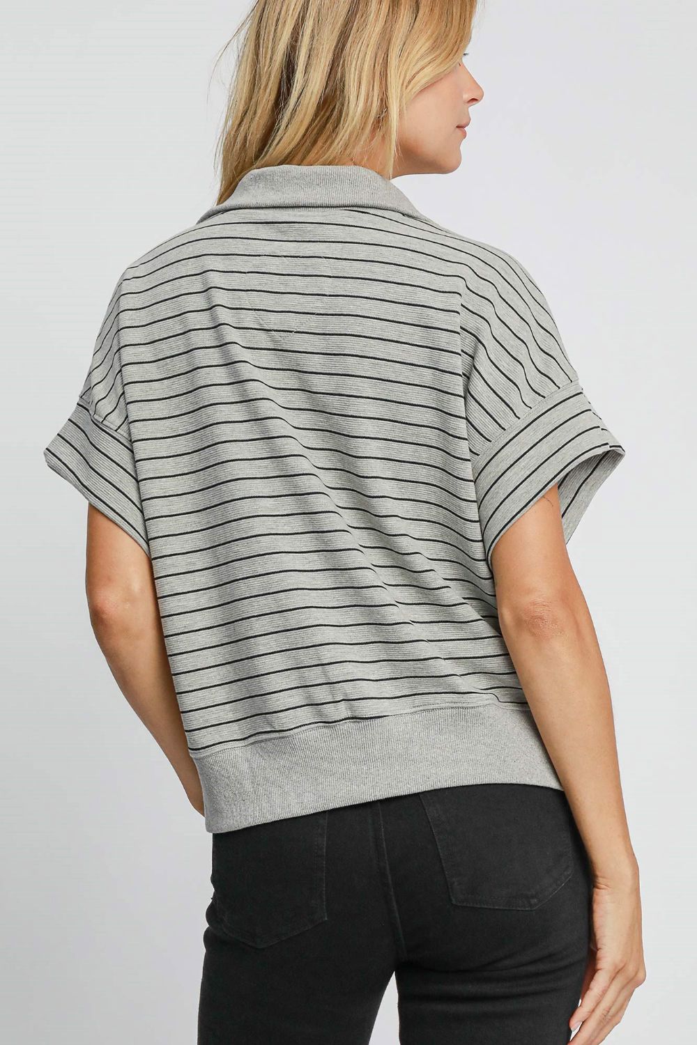 Striped Half Zip Short Sleeve Sweatshirt Umgee