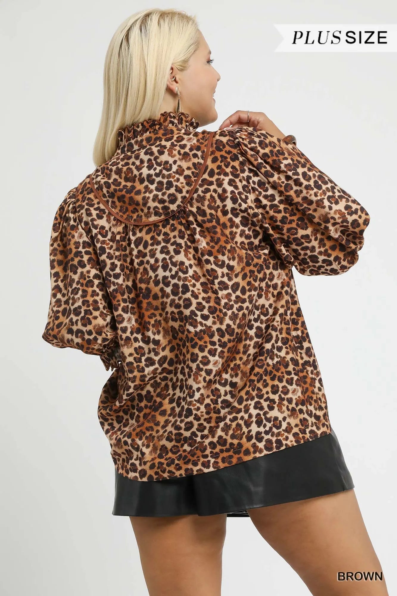 Leopard Print Ruffle Neck Blouse With Plus Size Umgee