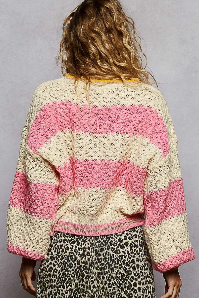 Contrast Striped Round Neck Sweater with Textured Cable Knit Pattern POL