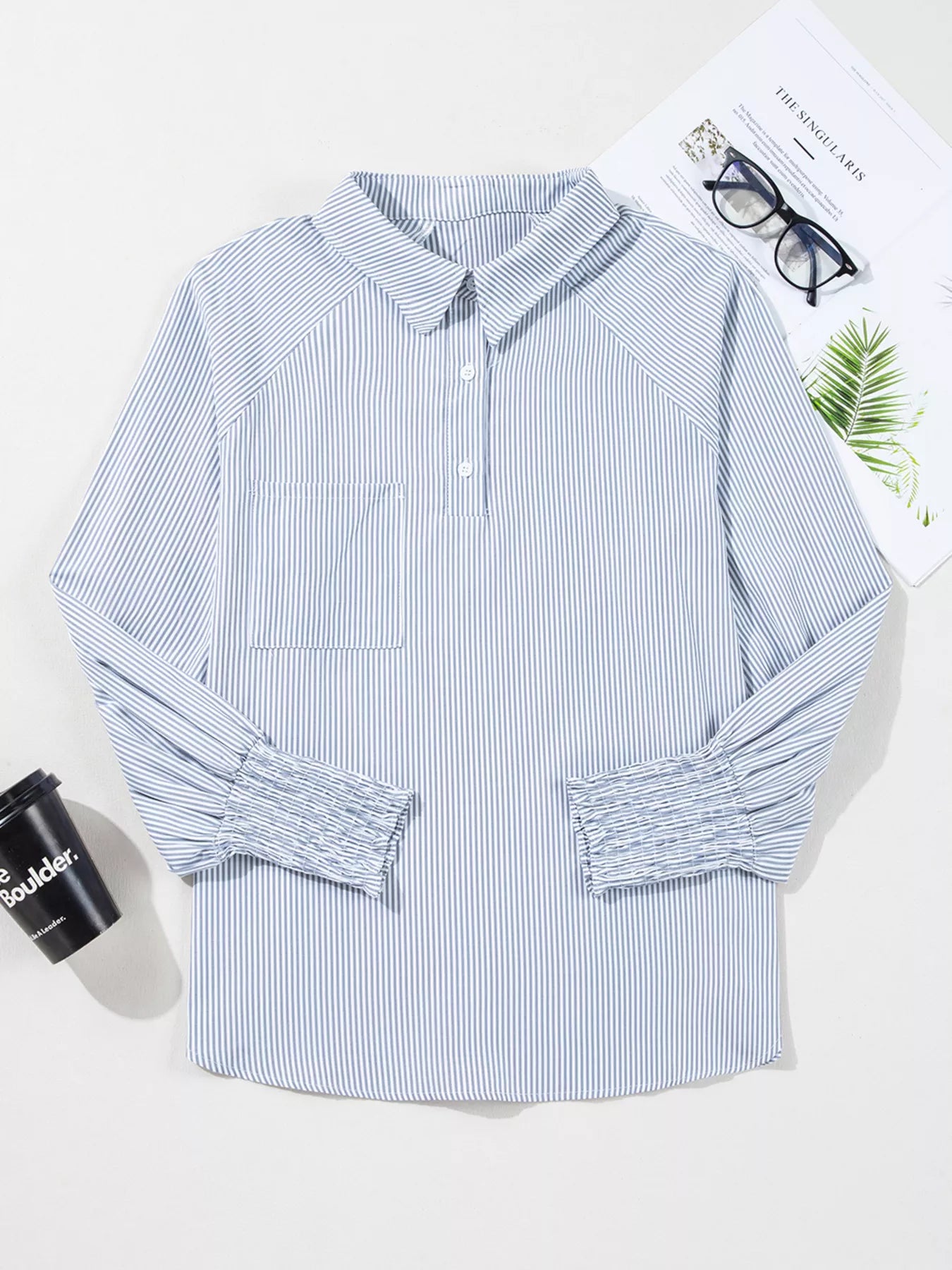 Pinstripe Long Sleeve Smocked Cuffs Button Shirt Collar Blouse Simmer & Fay
