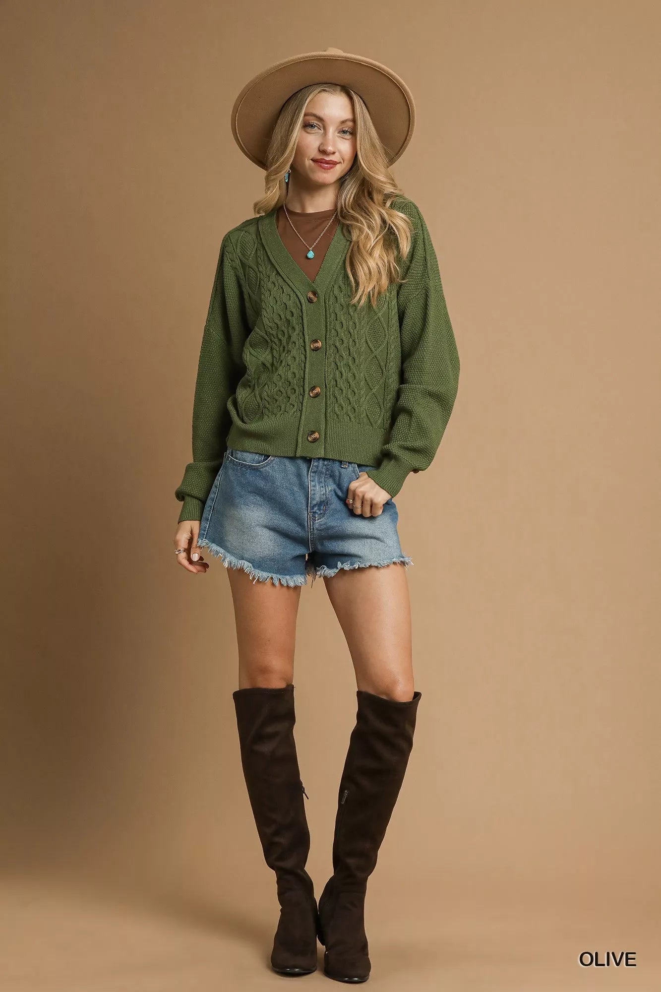 Chunky Cable Knit V-Neck Button-Up Cardigan Umgee