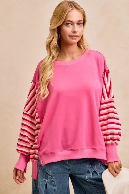 French Terry Stripe Combo Sweatshirt with Open Seam BiBi