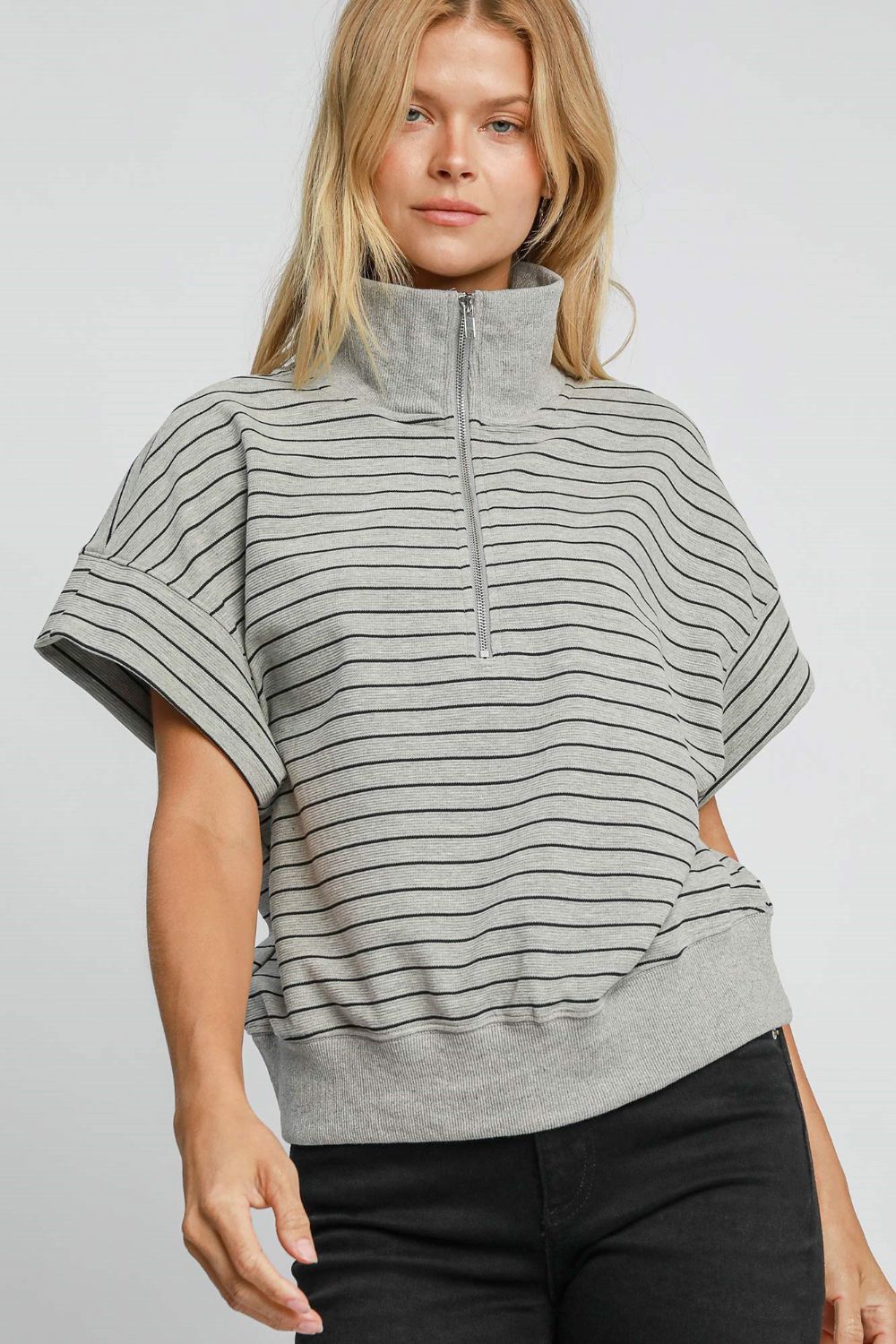 Striped Half Zip Short Sleeve Sweatshirt Umgee Gray S