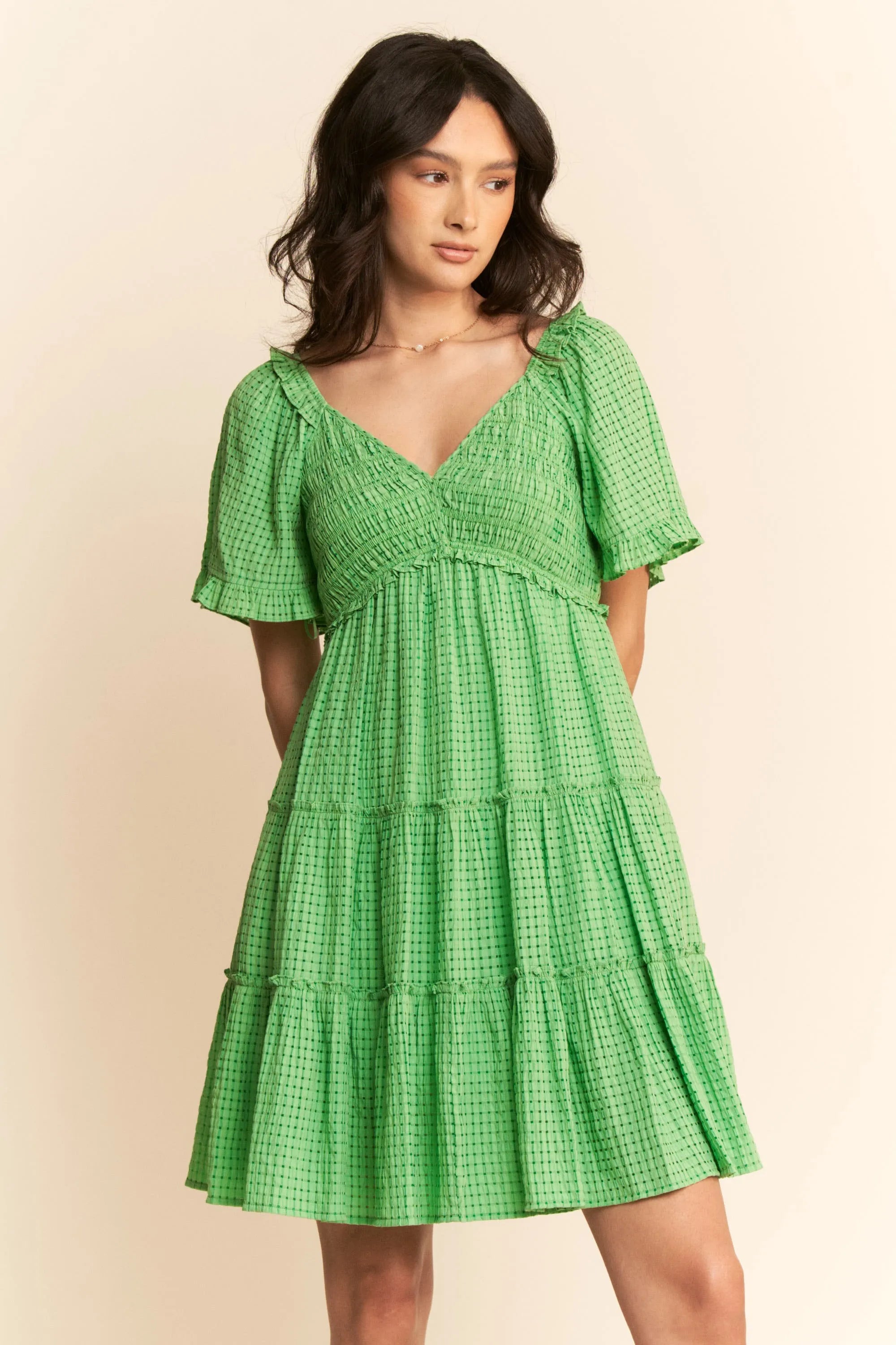 Jacquard Checker Smocking Tiered Dress Davi & Dani