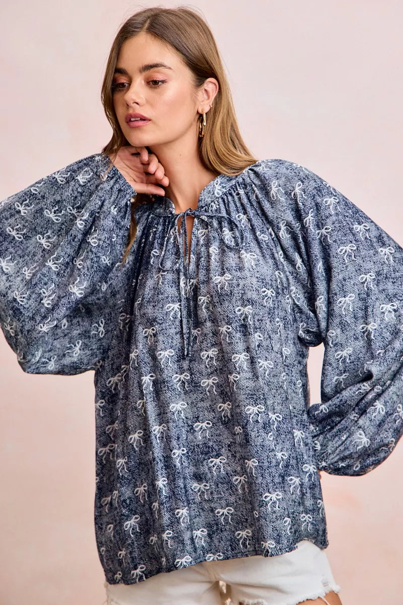 Ribbon Bow Print Exaggerated Balloon Sleeves Top BiBi
