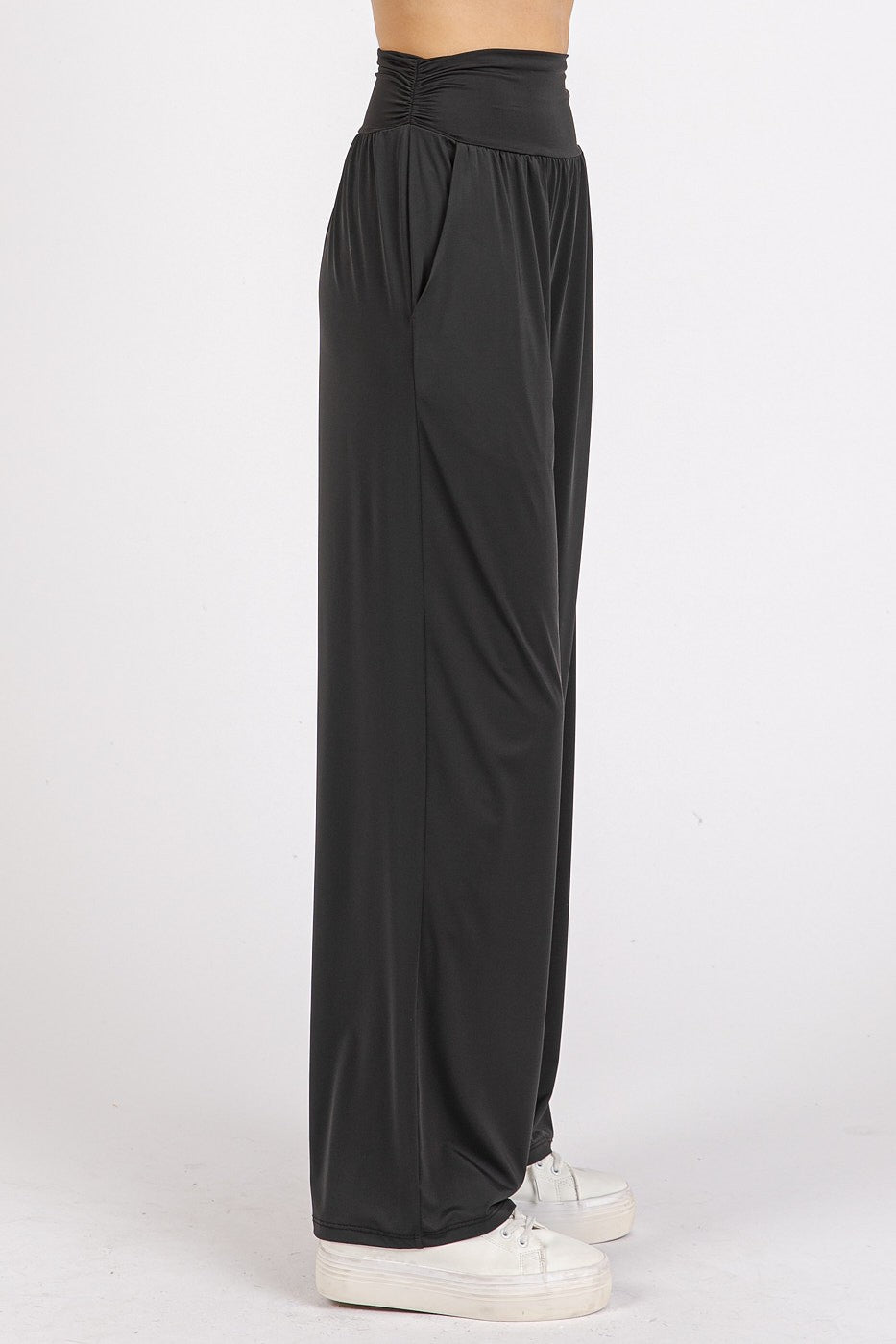 Stretch Banded Waist Wide Leg Pants with Pockets Mittoshop   