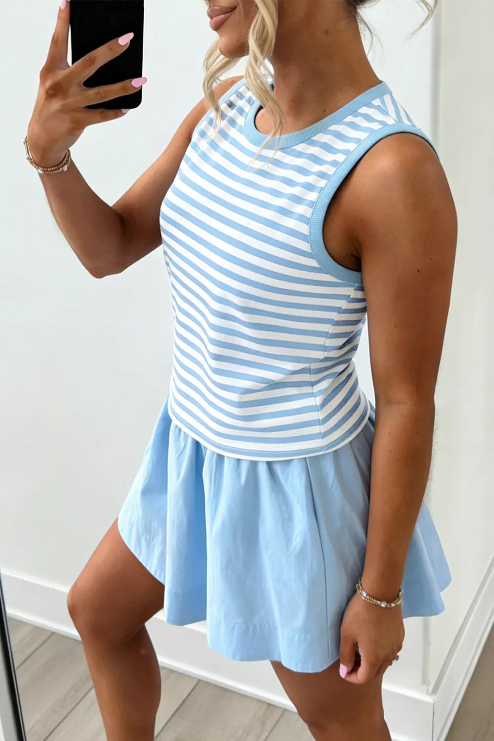 Stripe Slim Tank + Contrast Ruffle Mini Skort Set (2‑Piece) Simmer & Fay